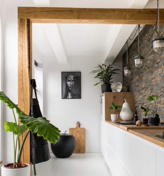 cuisine semi fermée de couleur blanc et bois avec mur en pierre et plantes vertes