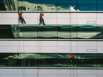 personnes nettoyant les vitres d'un immeuble en rappel